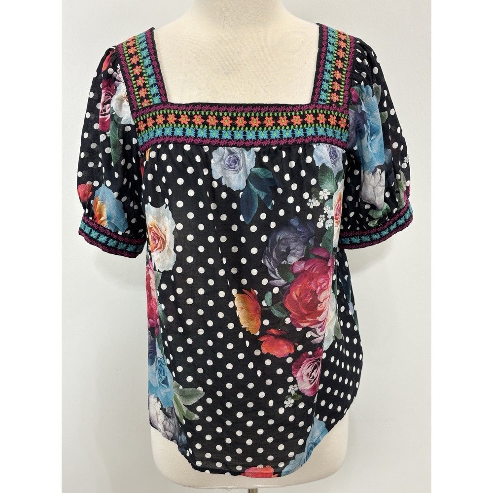 JOHNNY WAS POLKALONA FLORAL SHIRT TOP Small Black Polka Dot Embroidered Square